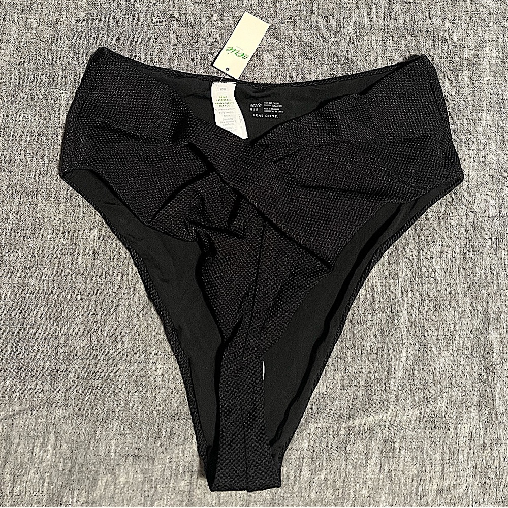Aerie Twist Front High Cut Cheeky Bikini Bottoms - medium, black